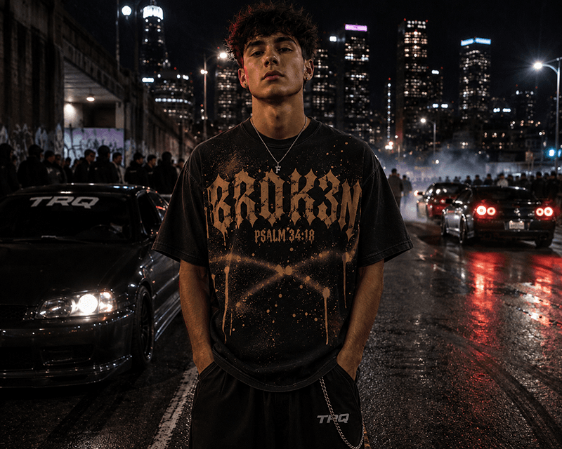 BROK3N tee worn on the street at night