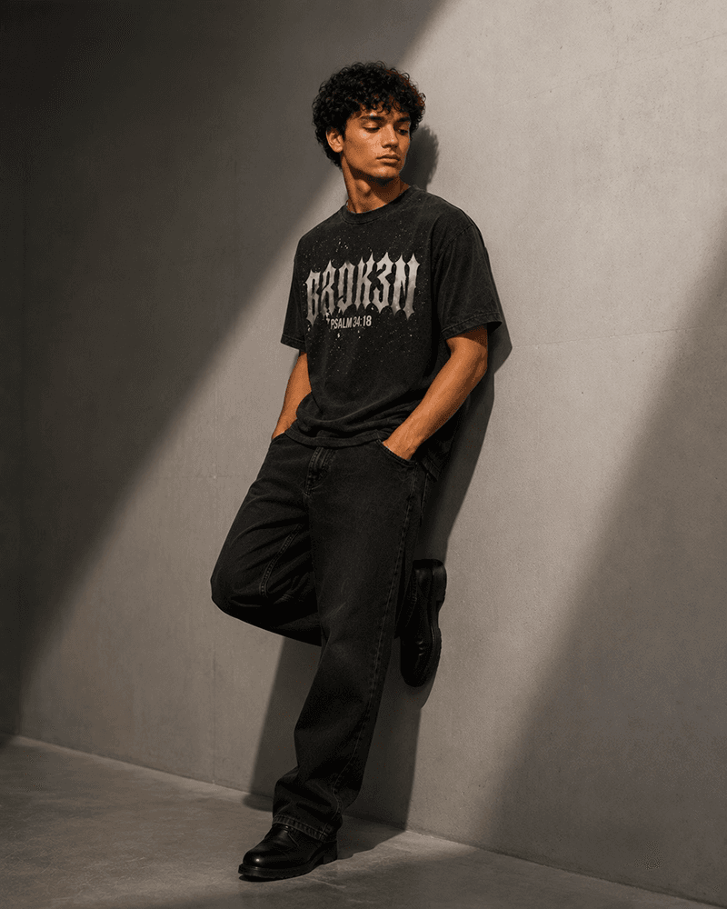 BROK3N tee, full-length studio shot